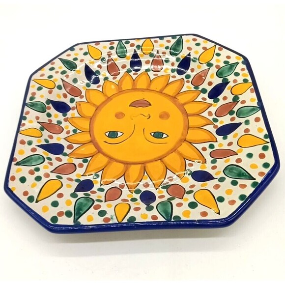 Mexican Art Pottery 12" Octagonal Lead Free Platter Redware Sun Flower Design - Picture 5 of 8